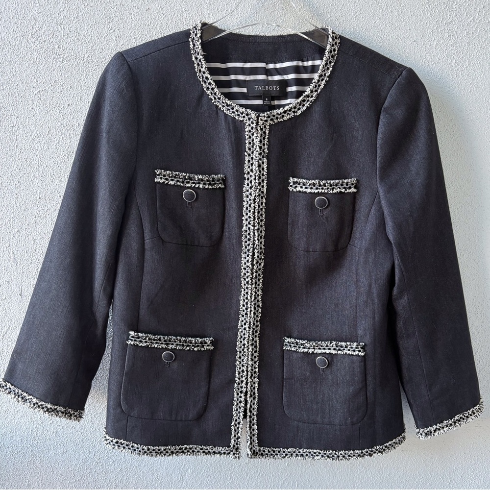 Talbots Black Tweed Fringe Long Sleeve‎ Size 8 Jacket Career Office Chic Blazer